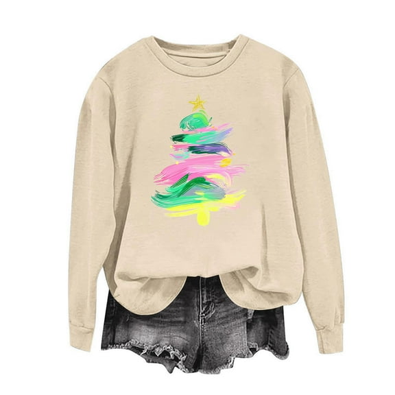 Xdegoge Christmas Sweatshirts for Women Crewneck Long Sleeve Tops Xmas Tree Graphic Shirts Merry Sparkly Top Women Women'S Winter Shirts, Khaki S