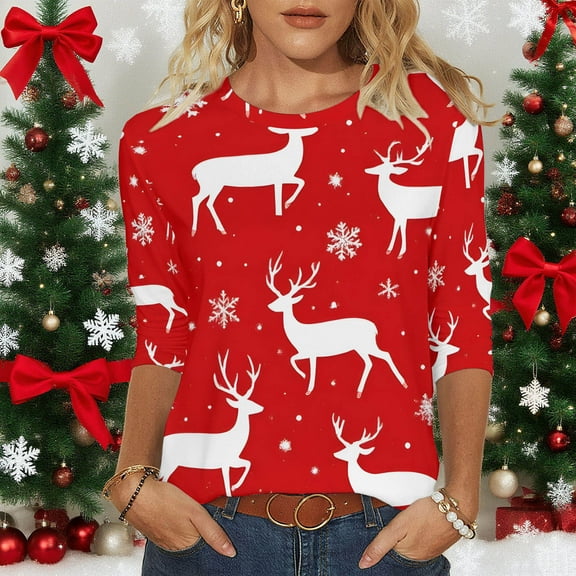 Xdegoge Christmas Tops for Women 2025 Cute Snowman Crew Neck Vintage Blouses 3/4 Sleeve Winter Funny Top Trendy Party Casual Holiday Shirts