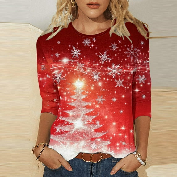Xdegoge Christmas Tshirts Women Trendy Holiday 3/4 Sleeve T Shirts Funny Family Tops Crew Neck Cute Xmas Print Shirts Tunic Dressy Casual Blouses
