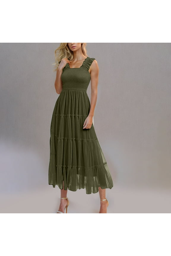 Clarence 5 Clothing Woman Womens Summer Tulle Maxi Dress Beach Vacation Casual Smocked A Line Dresses Sleeveless Smocked Square Neck Ruffle Flowy Party Wedding Guest Sundress