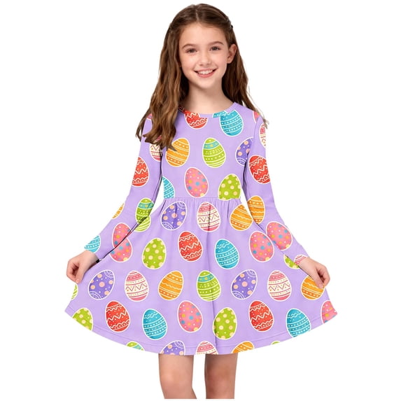 Xdegoge Classic Kids Girls Easter Dress Cute Bunny Egg Graphic Printed Tween Summer Sundress Knee Length Swing Long Sleeve Spring Holiday Event Outfit Casual Daily Play Wear for Teen