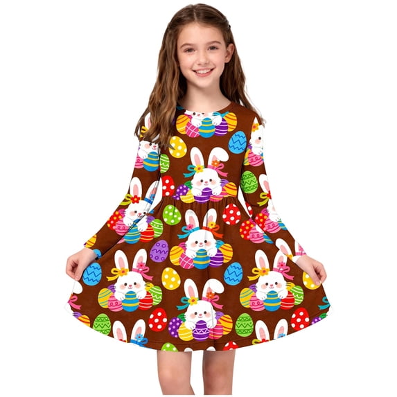 Xdegoge Classic Kids Girls Easter Dress Cute Bunny Egg Graphic Printed Tween Summer Sundress Knee Length Swing Long Sleeve Spring Holiday Event Outfit Casual Daily Play Wear for Teen