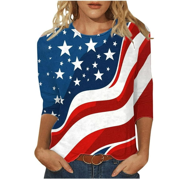 Xdegoge Clearance Under 10 Dollars 4th of July Clothes Women Crewneck Women's 3/4 Sleeve Blouse USA Shirts Oversized Graphic Tee Brunch Outfits Plus Size Plus Summer Tops Camisetas De Mujer En oferta