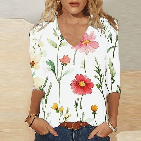 Xdegoge Clothes Under 5.00 3/4 Sleeve T Shirts For Women Floral V Neck T Shirts Going Out Summer Fashion Tops 2025 Dressy Casual Shirts Y2K Cute Boho Shirts At