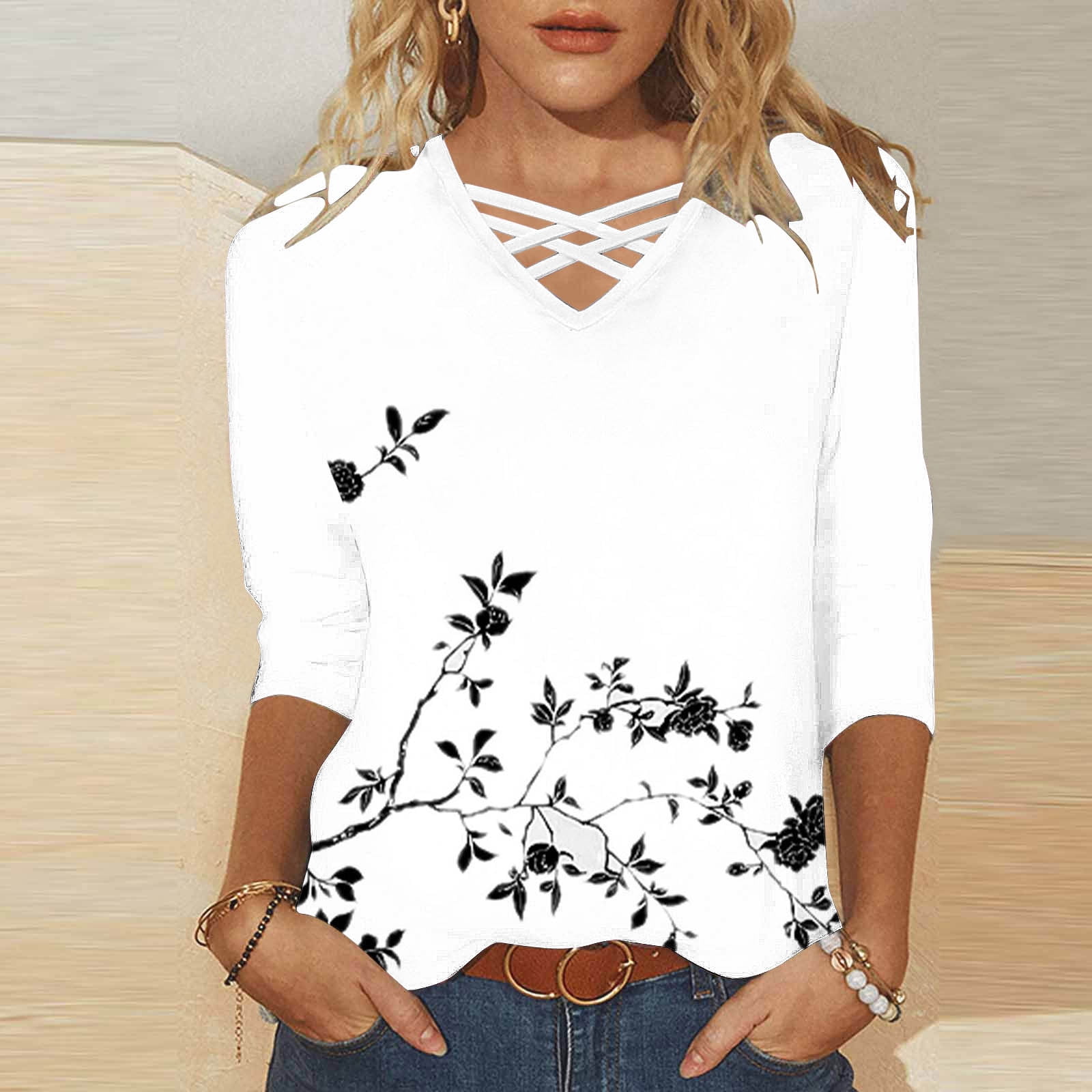 Xdegoge Clothes Ladies Tops 3/4 Sleeve Trendy V Neck T Shirts Summer ...