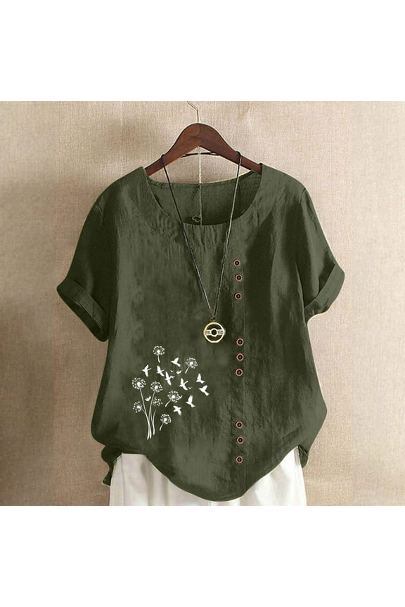 Clothes Linen Tops for Women Short Sleeve Crewneck Shirts Casual Floral Summer Tops Loose Fit Trendy Tshirts Vacation Beach T Shirts Soft Comfy Pullover Blouses