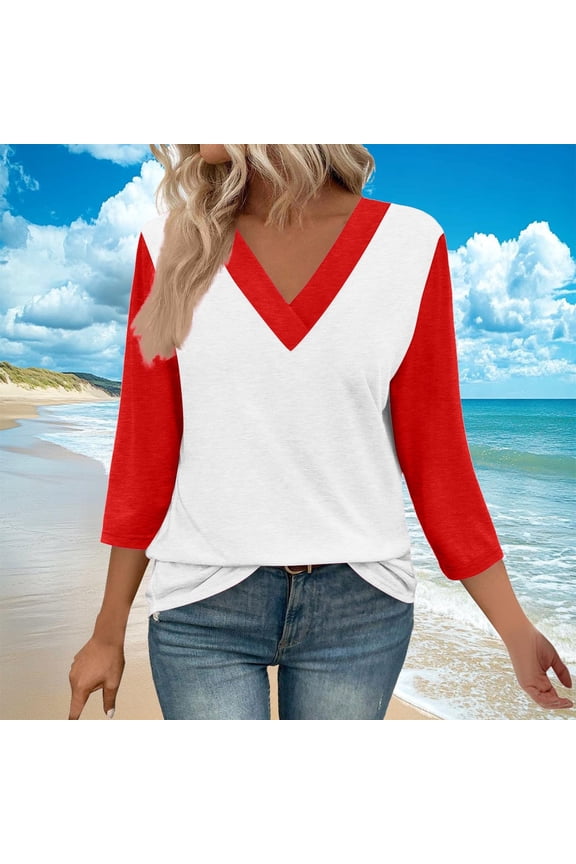 Clothes Three Quarter Sleeve Tops for Women Trendy V Neck T Shirts Summer Tunic Ladies Tops Loose Business Casual Blouses Fashion Going Out Tops Ropa Mujer