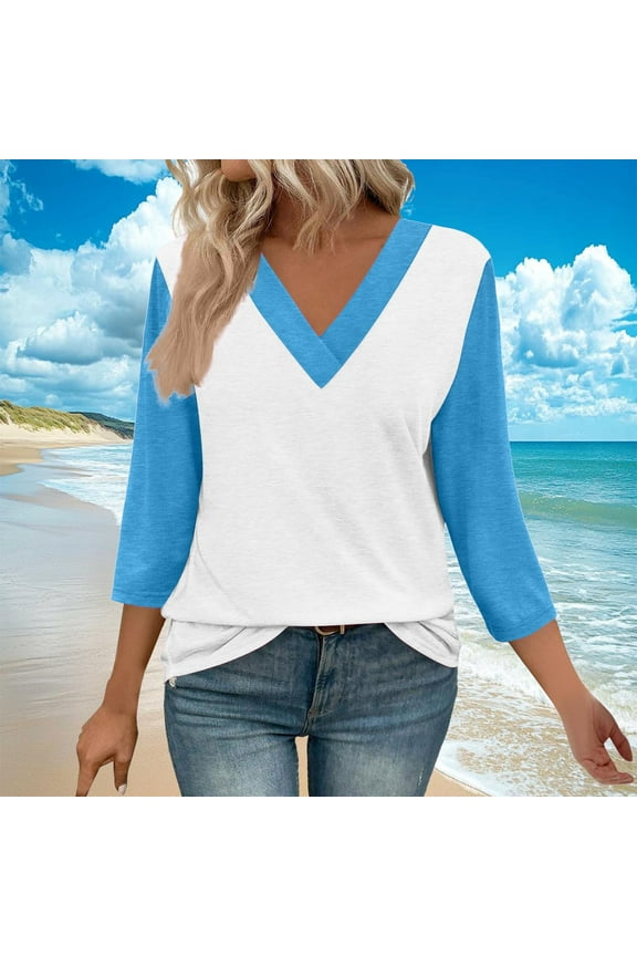 Clothes Under 5.00 Three Quarter Sleeve Tops for Women Trendy V Neck T Shirts Summer Tunic Ladies Tops Loose Business Casual Blouses Fashion Going Out Tops Ropa Mujer