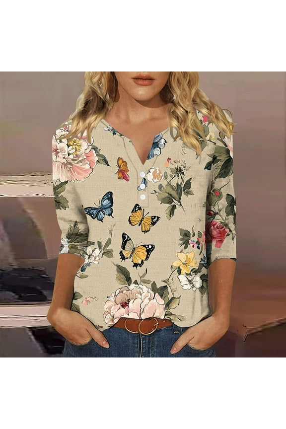 Clothes Women Ladies Tops 3/4 Sleeve Trendy V Neck T Shirts Summer Floral Tunic Ladies Tops Loose Fit Dressy Casual Blouses Fashion Vacation Tee Shirts Ropa Mujer