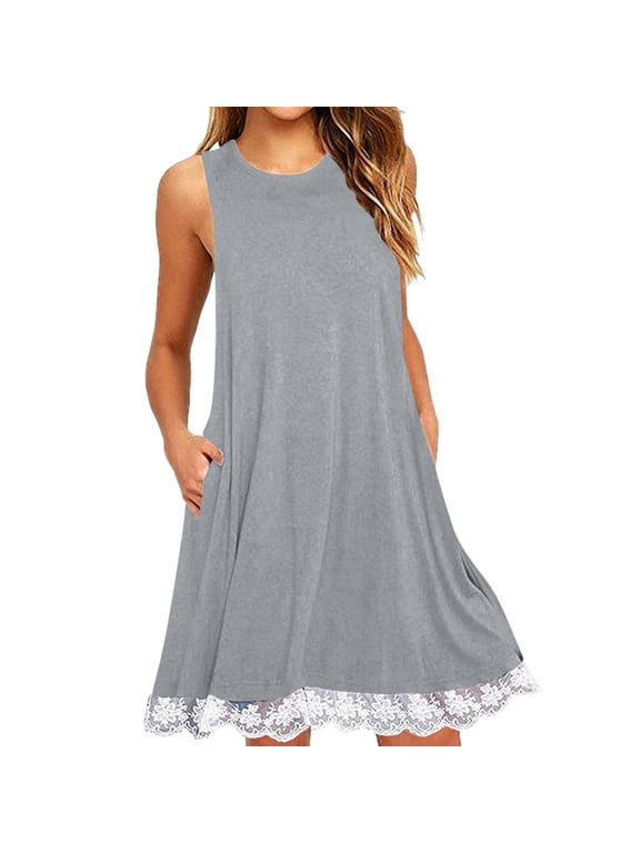 Sun Dresses for Women Vacation Casual Sleeveless Summer Dresses Crew Neck Loose Midi Sundress Boho Fashion Beach Dresses with Pockets