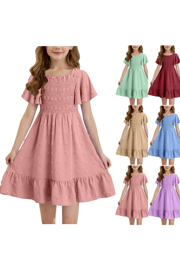 Flower Girl Dresses Dresses for Toddler Girls 4T - 5T Flutter Sleeve Summer Flowy Dress Trendy Ruffle Smocked Casual A-Line Loose Tiered Swing Flutter Beach Boho Sun Dresses