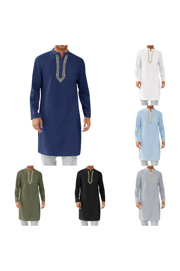 Mens Kaftan Thobe Button Down Stand Collar Fashion Shirt Embroidered Men's Long Kurta Cotton Indian Dress Shirts with Pockets Ropa Para Hombre En oferta Ropa Hombre