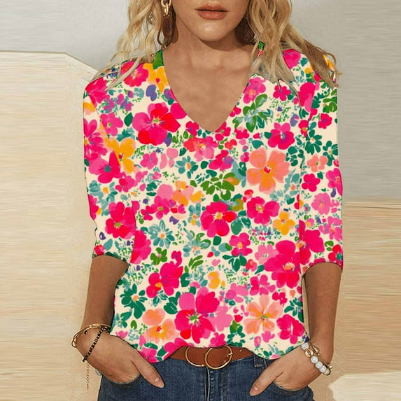 Xdegoge Sales Today 3/4 Sleeve T Shirts For Women Floral V Neck T Shirts Going Out Summer Fashion Tops 2025 Dressy Casual Shirts Y2K Cute Boho Shirts Buy Again