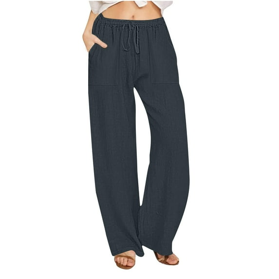 Maqroz Women Clothing Women Linen Pants Casual Loose High Waist Pants Summer Drawstring Waist Wide Leg Pants with Pockets Lightweight Linen Trousers Petite Summer Outfits 2026 Trendy