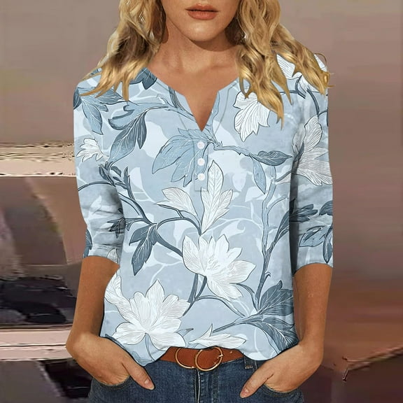 Xdegoge Womens Clothing Ladies Tops 3/4 Sleeve Trendy V Neck T Shirts Summer Floral Tunic Ladies Tops Loose Fit Dressy Casual Blouses Fashion Vacation Tee Shirts Ropa Mujer