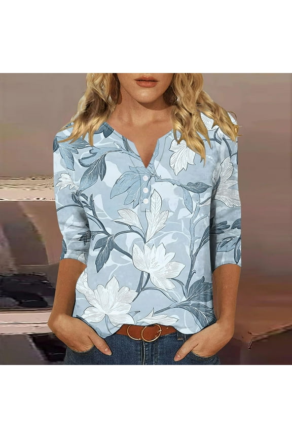 Womens Clothing Under 10.00 Ladies Tops 3/4 Sleeve Trendy V Neck T Shirts Summer Floral Tunic Ladies Tops Loose Fit Dressy Casual Blouses Fashion Vacation Tee Shirts Ropa Mujer