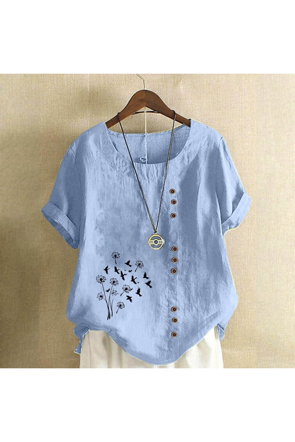 Womens Clothing Linen Tops for Women Short Sleeve Crewneck Shirts Casual Floral Summer Tops Loose Fit Trendy Tshirts Vacation Beach T Shirts Soft Comfy Pullover Blouses