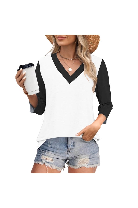 Womens Clothing Three Quarter Sleeve Tops for Women Trendy V Neck T Shirts Summer Tunic Ladies Tops Loose Business Casual Blouses Fashion Going Out Tops Ropa Mujer