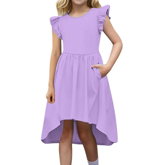 Xdegoge Formal Gown Dresses Girl Dresses Size 10-12 Fancy Tween Girls Summer Dress Formal Ruffle Sleeve A Line Casual Party Elegant Dresses for Wedding Party with Pockets Vestidos Azules
