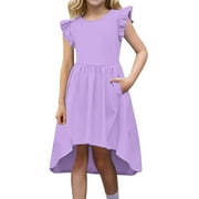 Xdegoge Clearance formal Gown Dresses Girl Dresses Size 10-12 Fancy Tween Girls Summer Dress formal Ruffle Sleeve A Line Casual Party Elegant Dresses for Wedding Party with Pockets Vestidos Azules
