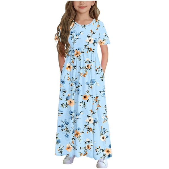 Xdegoge Clothing Clearance Dresses for Kids Size 10-12 Maxi Dress Print Casual Holiday Long Dresses with Pockets Short Sleeve Ruffled A-Line Flower Dress for Wedding Summer Guest formal Dress