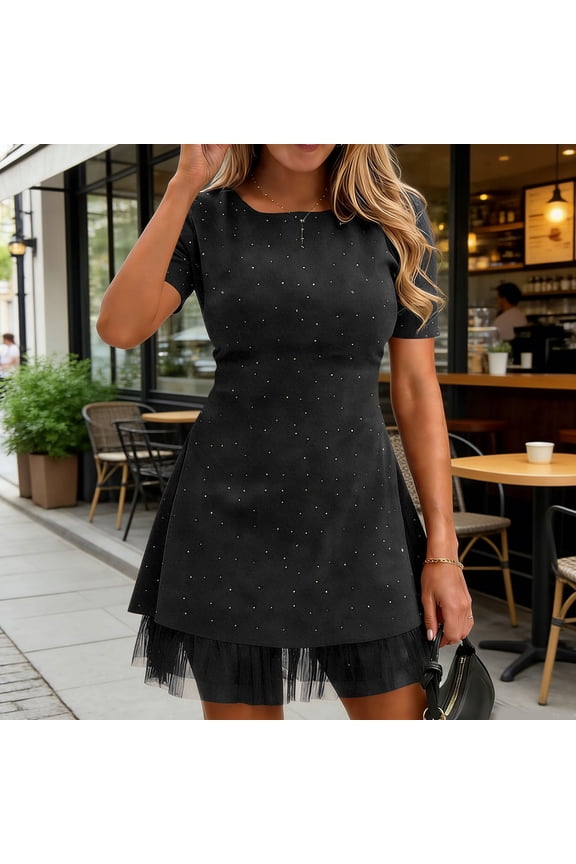 Cocktail Dresses for Women Fitted Crewneck Party Dress Short Sleeve Mini Dress Rhinestone Detail Mesh Tulle Ruffle Hem Formal Evening Attire