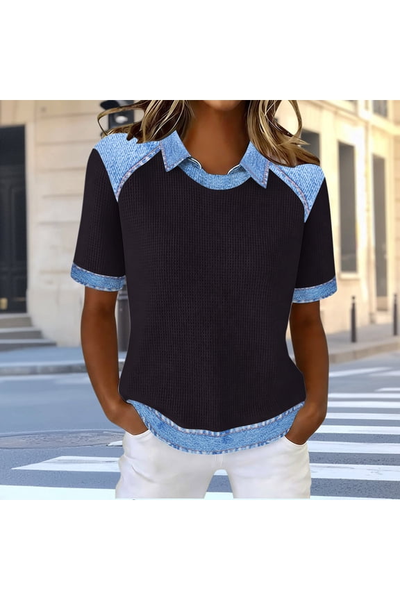 Collared T Shirt for Women Collared V Neck Short Sleeve Casual Vintage Everyday Wear Going Out Standard Fit Solid Color Denim Patchwork Design Soft Breathable Summer Tops