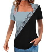 Xdegoge Color Block T Shirts for Women Short Sleeve Square Neck Summer Tops Trendy Loose Fit Dressy Casual Tees Boho Beach Vacation Tunic Blouses Mothers Day deal from Walmart