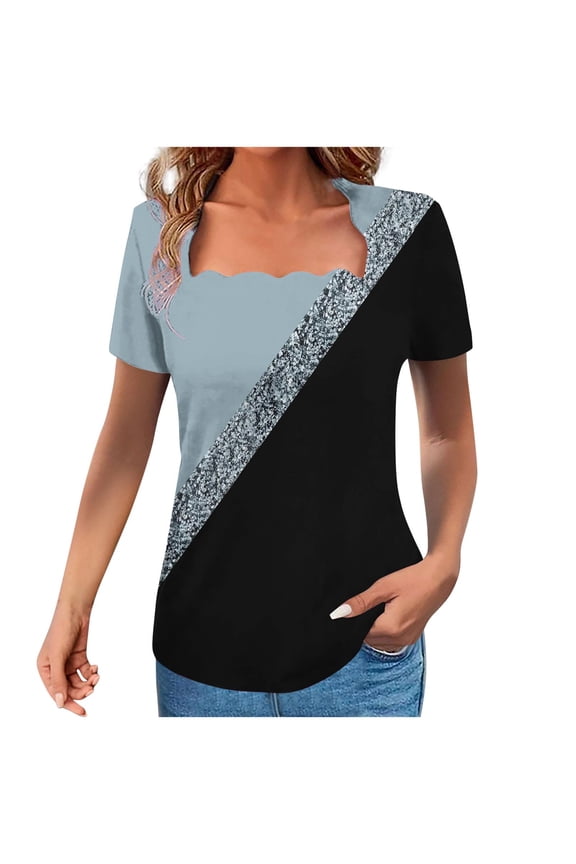 Color Block T Shirts for Women Short Sleeve Square Neck Summer Tops Trendy Loose Fit Dressy Casual Tees Boho Beach Vacation Tunic Blouses Mothers Day