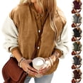 thumbnail image 1 of Xdegoge Corduroy Jacket Women Button Up Crewnceck Jackets Fleeced Patchwork Coat Fashion Fall Winter Outdoor Warm Outerwear with Pockets, 1 of 10
