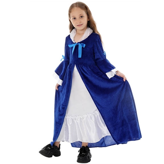 Xdegoge Costume for Girls Blue Velvet Princess Dress with White Petticoat Role Play Historical Fancy Dress Up Outfit