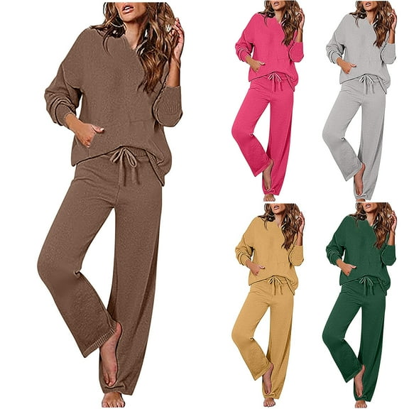 Xdegoge Cotton Knit Lounge Pants Women 2 Piece Outfits Baggy V-Neck Sweater Pullover Long Sleeve Hooded Sweatshirt Drawstring Elastic Waist Wide Leg Pants 2025 Fashion Loungewear Fit Vacation Street