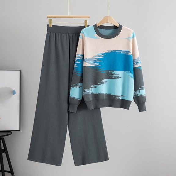 Xdegoge Cotton Knit Lounge Sets for Women Cute Lounge 2 Piece Outfits Crewneck Color Block Sweater Long Sleeve Comfy Baggy Pullover Tops Elastic Waisted Loose Wide Leg Pants Fit Casual Travel Home