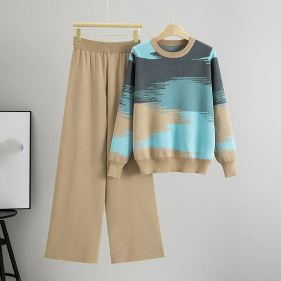 Xdegoge Cotton Knit Lounge Sets for Women Cute Lounge 2 Piece Outfits Crewneck Color Block Sweater Long Sleeve Comfy Baggy Pullover Tops Elastic Waisted Loose Wide Leg Pants Fit Casual Travel Home