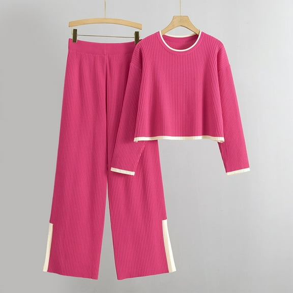 Xdegoge Cotton Knit Sets for Women Sweater 2 Piece Lounge Outfits Long Sleeve Crewneck Crop Pullover Tops Color Block Loungewear High Waisted Wide Leg Pants Fall Fashion Casaul Matching Clothes