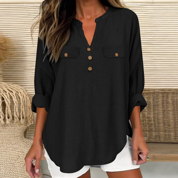 Xdegoge Cotton Linen Blouses for Women V Neck Long Sleeve with Chest Pockets Button Up Shirts Casual Work Office Loose Fit Roll-up Sleeve Tunic Tops