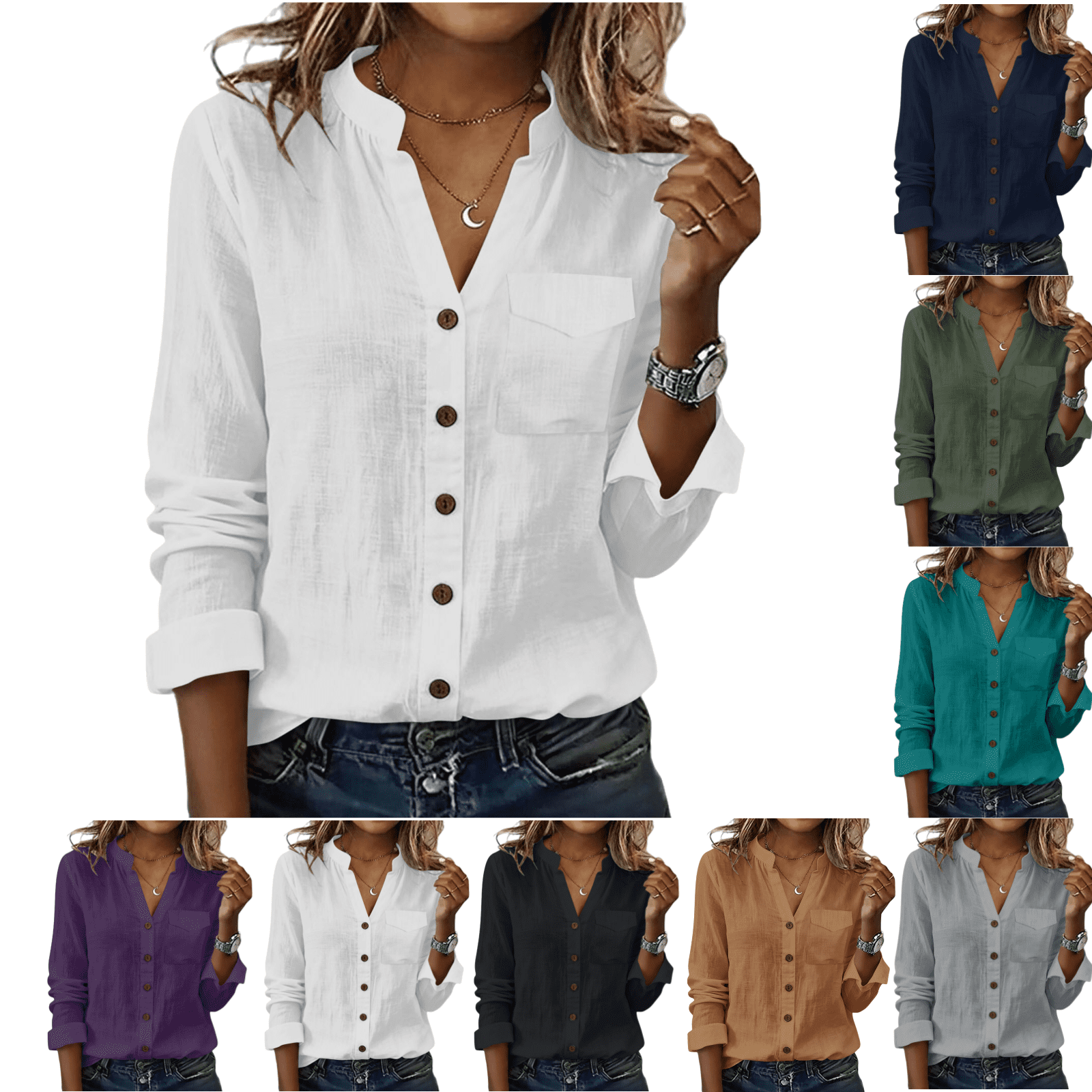 Xdegoge Linen Shirts Women Button Down Long Sleeve Work White Blouses V ...
