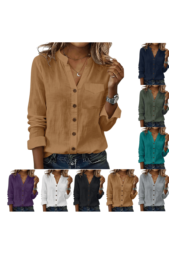 Linen Shirts Women Button Down Long Sleeve Work Blouses V Neck Stand Collar Relaxed Fit Roll-up Sleeve Tops with Pocket Dressy Casual Office Fashion Tunic Shirts