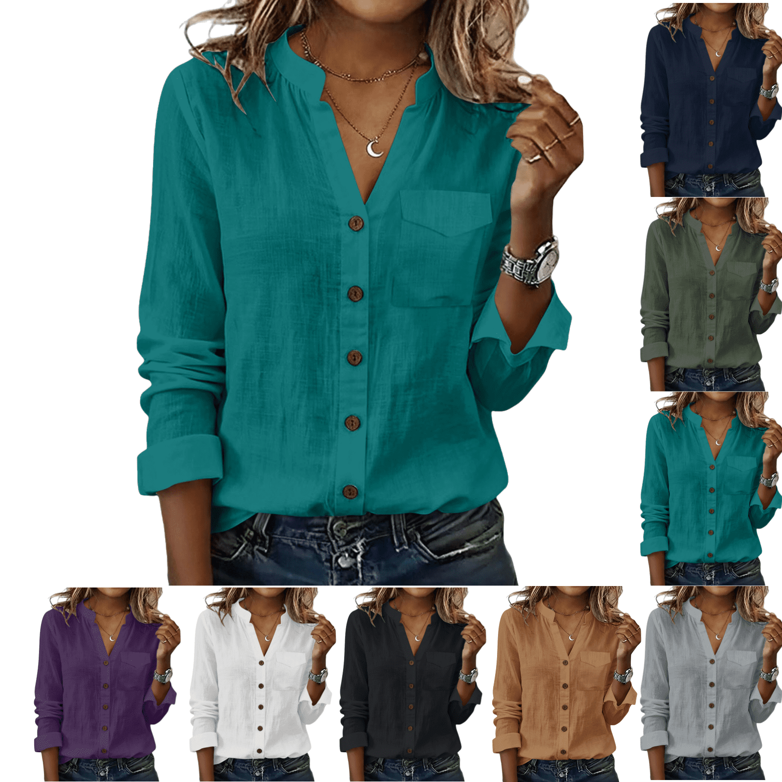 Xdegoge Linen Shirts Women Button Down Long Sleeve Work Blouses V Neck ...