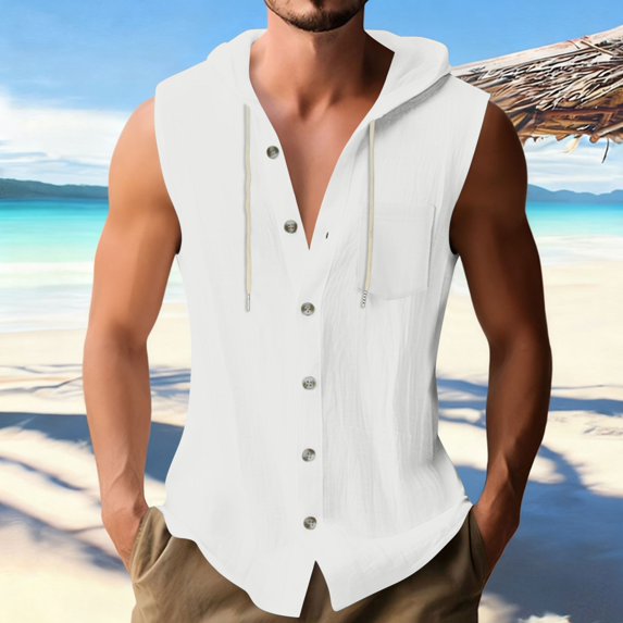 Xdegoge Cotton Linen Sleeveless Blouses for Women Button Up V Neck Hooded Tank Top with Pocket Lightweight Breathable Casual Summer Shirts Flowy Beach Vacation
