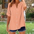 thumbnail image 1 of Xdegoge Cotton Linen Striped Shirts for Women V Neck Short Sleeve Button Front Henley Tops High Low Hem Flowy Tunic Blouse Relaxed Fit Breathable Casual Work Office Summer Tees, 1 of 5