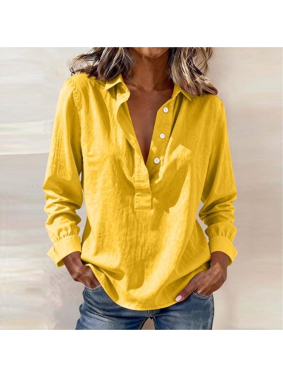 Cotton Linen Tops for Women Long Sleeve Collared Henley Neck Button Down Shirt Business Loose Fit Casual Solid Tunic Basic Travel Vacation Tees