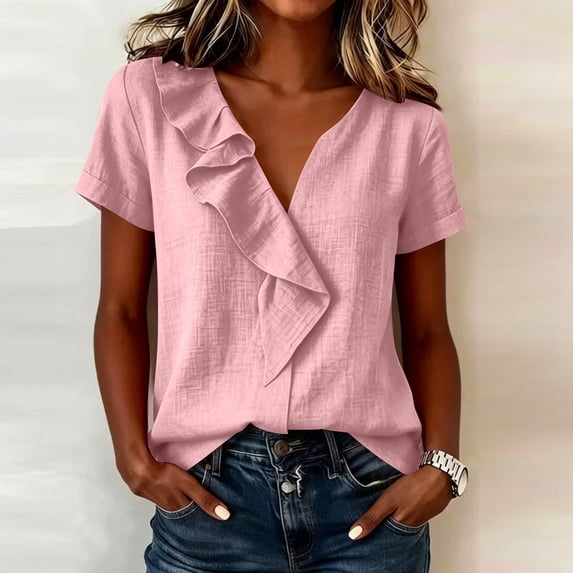 Xdegoge Cotton Linen Tops for Women Ruffle V Neck Short Sleeve Casual Summer T Shirts Loose Fit Elegant Dressy Work Basic Flowy Tunic Vacation Tees