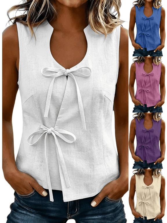 Cotton Linen Tops for Women Scoop Neck Sleeveless Lace Up Tie Front Y2K Trendy Summer Shirts Beach Vacation Going Out Travel Blouses