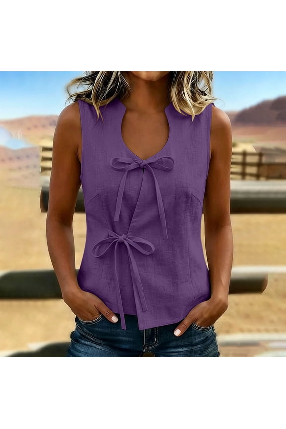 Cotton Linen Tops for Women Scoop Neck Sleeveless Lace Up Tie Front Y2K Trendy Summer Shirts Beach Vacation Going Out Travel Blouses