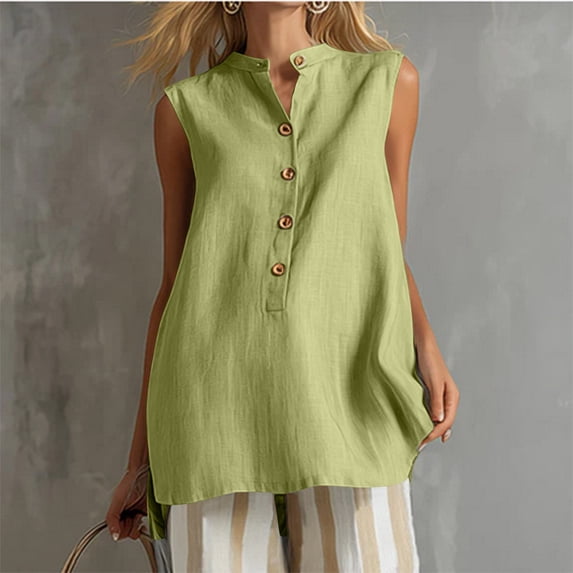 Xdegoge Cotton Linen Tops for Women V Neck Stand Collar Button Down Sleeveless Tunic Tank Top Relaxed Fit Casual Office Fashion Trendy Travel Blouses