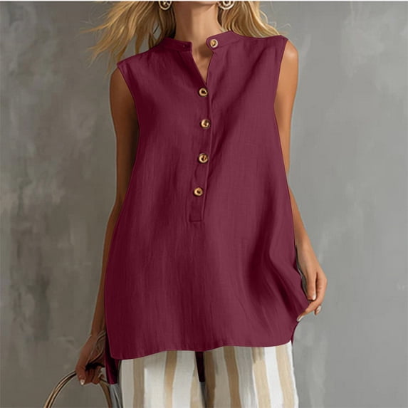 Xdegoge Cotton Linen Tops for Women V Neck Stand Collar Button Down Sleeveless Tunic Tank Top Relaxed Fit Casual Office Fashion Trendy Travel Blouses