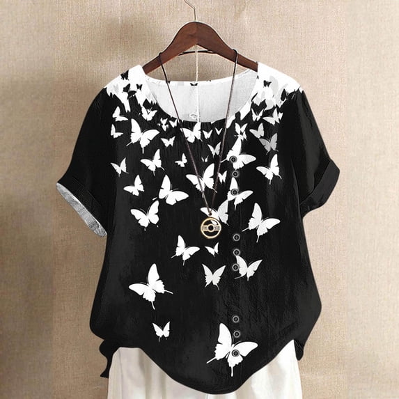 Xdegoge Cotton Linen Tunic Tops for Women Crewneck Short Sleeve Floral Print Shirts Asymmetrical High Low Hem Side Button Blouse Casual Summer Daily Flowy Loose Tees for Leggings
