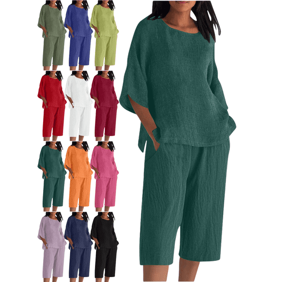 Xdegoge Cotton Sets for Women 2 Piece Summer Travel Lounge Outfits Batwing Sleeve Crewneck Pullover Tops Oversized Comfy T-Shirt Elastic Waist Wide Leg Cropped Pants Loungewear Fit Casual Vacation