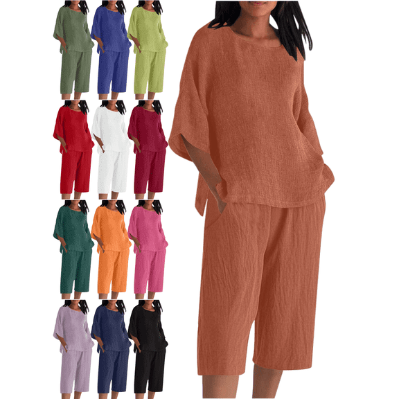 Xdegoge Cotton Sets for Women 2 Piece Summer Travel Lounge Outfits Batwing Sleeve Crewneck Pullover Tops Oversized Comfy T-Shirt Elastic Waist Wide Leg Cropped Pants Loungewear Fit Casual Vacation